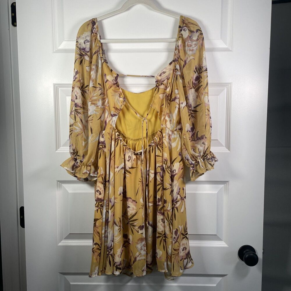 By Together Mustard Floral Open Back Dress Sheer Sleeve Size Medium Shoe Fly - Picture 4 of 11